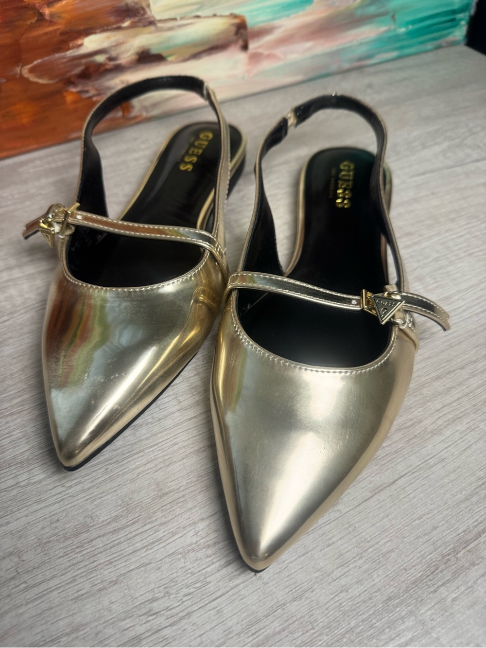 Guess Metallic Gold Pointed-Toe Slingback Flats